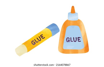 Glue Stick And Glue Bottle Watercolor Hand Drawn Vector Isolated On White Background. Glue Watercolor Clipart. Bottle Of Latex And Glue Stick Drawing