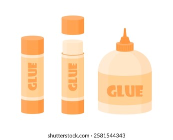 Glue stick in cartoon style on a white isolated background. Adhesive for paper and wood crafts. PVA glue, liquid glue. Children's glue for creating collages.
