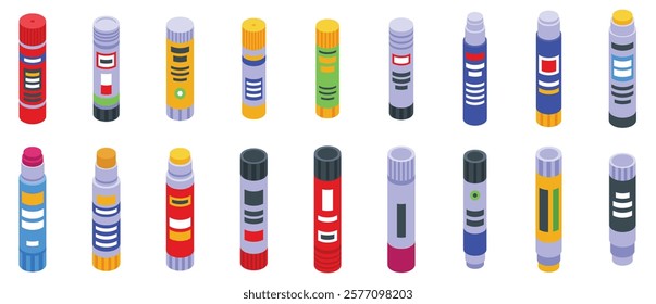 Glue stick icons set. Colorful glue sticks in different designs are ready for crafting, paper projects, and quick repairs