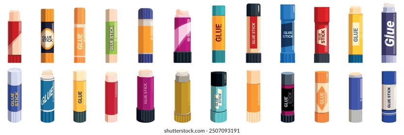 Glue stick icons set. Set of different colorful glue sticks with cap on, for school or office