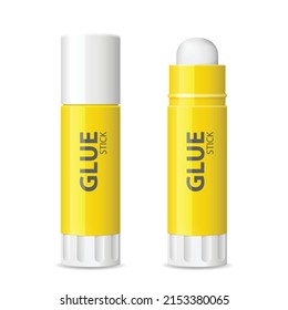 Glue stick with lid open and closed, school and office glue barrel isolated on background, vector 