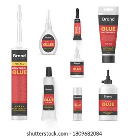 Glue stick, tubos, botellas, viales con tapa, aplicadores de punta listos para el diseño de sus maquetas realistas de marca. Plantillas de empaquetado adhesivo.Embalaje de pegamento de vectores aislado en fondo blanco.