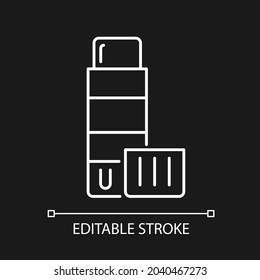 Glue stick white linear icon for dark theme. Solid adhesive in push-up tube. Craft glue. Thin line customizable illustration. Isolated vector contour symbol for night mode. Editable stroke