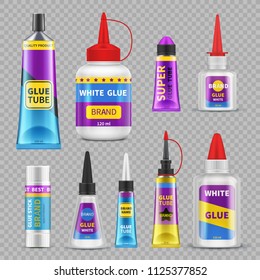 Glue Sticks. Adhesive Super Glue Tubes And Bottles. Realistic Isolated Vector Set Of Glue Tube And Bottle Illustration