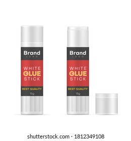 Glue sticks with open and closed lids realistic mockups set. Ready design for you brand. Adhesive office or school supplies packaging templates. Vector glue isolated on white background.