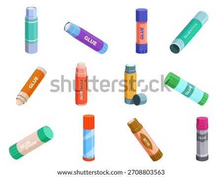 Glue in sticks. Plastic tubes, school office supplies. Stationery for gluing papers, cardboards parts, for children workshop and craft, sapid vector set