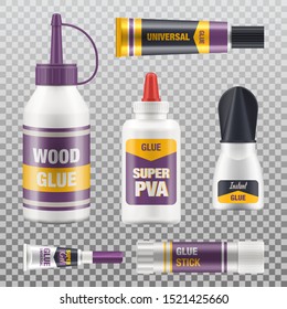 Glue tubes and different adhesives package, vector isolated realistic 3D mockups for branding. Universal super glue in plastic bottle with red cap, PVA and glue stick on transparent background