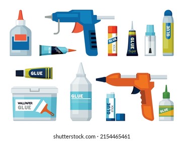 glue tubes. office supplies different packages of glue. Vector colored illustrations