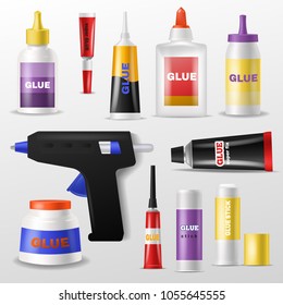 Glue vector gluestick and gluely liquid in bottle or plastic tube for glueing paper illustration set of superglue for fixing isolated on white background