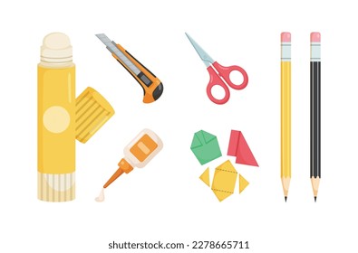 Glue,Cutter,Pencil.Art stationary elements in cartoon character,colorful accessories for paint and drawing.