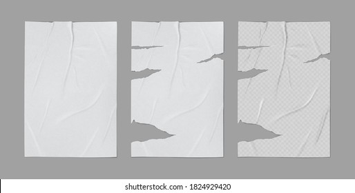 Glued badly wrinkled torn crumpled paper sheet template set mock up grey background poster realistic vector illustration