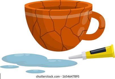 Glued broken Cup. Glue and puddle of water. Repair of red dishes. Careless handling of item. Cartoon flat illustration