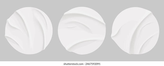 Glued circle paper wrinkled effect sticker, empty frame, badge mockup isolated. Set round tags textured patches. Crumpled poster, label