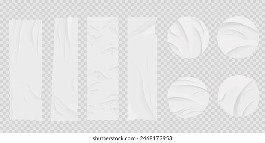 Glued circle paper wrinkled effect sticker, empty frame, badge mockup isolated. Set round tags textured patches. Crumpled poster, label
