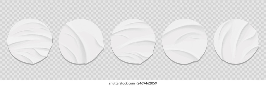 Glued circle paper wrinkled effect sticker, empty frame, badge mockup isolated. Set round tags textured patches. Crumpled poster, label