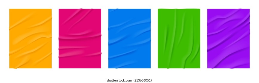 Glued color paper posters. Realistic texture of wet paper sheet or fabric with creases. Vector set of empty adhesive pages. Blank vertical stickers with wrinkles isolated on white background