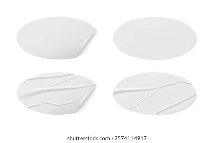 Glued crumpled stickers or labels in oval geometric shape. Vector isolated realistic white blank sheet with wrinkled texture. Creased surface of paper sticky notes or pricetags with bend corner