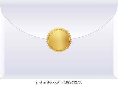 Glued Golden Sticker On Blue Envelope. Gold Stamp Logo Vector Illustration. Quality Certificate On Vip Letter. Realistic Round Symbol, Vintage Mail Seal Isolated On White Background.