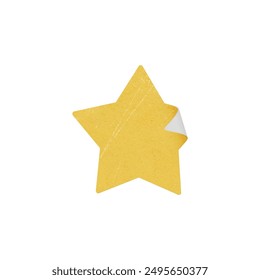 Glued old yellow paper sticker star form icon. Vector realistic crumpled label tape with scratches. Empty adhesive badge mockup. Vintage tag or note with curved corner isolated