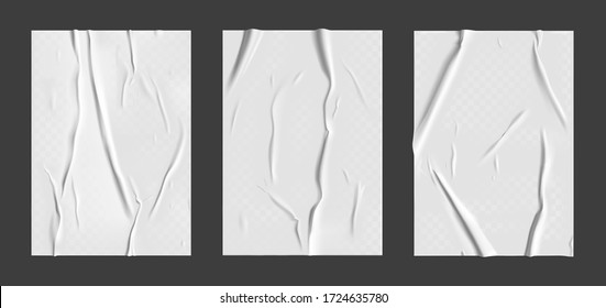 Glued paper set with wet transparent wrinkled effect on gray background. White wet paper poster template set with crumpled texture. Realistic vector posters mockup.