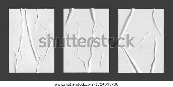 Glued paper set with wet\
transparent wrinkled effect on gray background. White wet paper\
poster template set with crumpled texture. Realistic vector posters\
mockup.