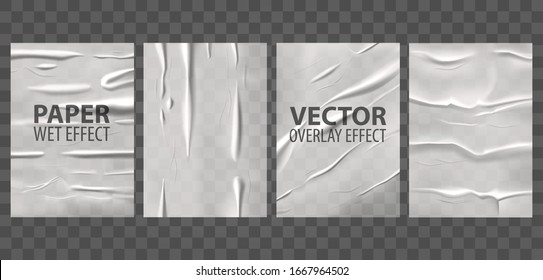 Glued paper with wet wrinkled effect, vector posters on transparent background. Badly glued paper or wheatpaste adhesive foil with crumpled and wrinkle texture overlay - Shutterstock ID 1667964502