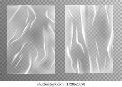 Glued paper. Wrinkled and creased sheets texture, blank crumpled poster, wet creasy transparent plastic realistic vector empty template