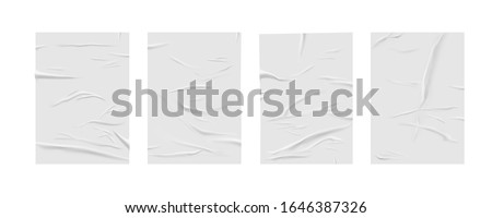 Glued paper wrinkled effect, vector realistic background. Badly wet glued paper or gray adhesive foil with crumpled and greased wrinkles texture, isolated blank templates set