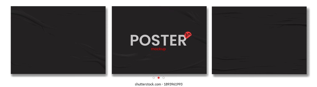 Glued poster mockup. Vector realistic flyer design on black backdrop. Old paper crumpled texture.