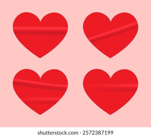 Glued realistic sticker with folds, creases, crumpled, red heart for gift, decoration, postcard. Isolated vector illustration EPS10