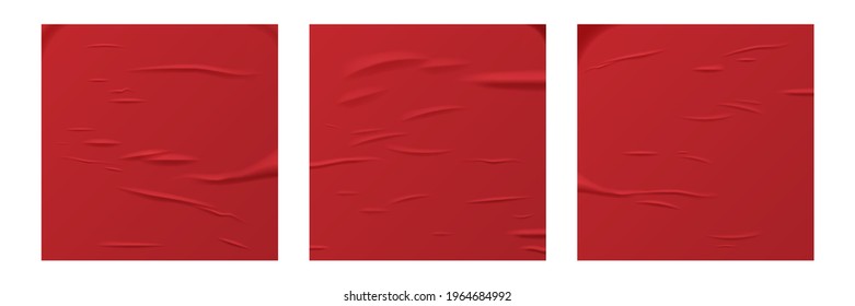 Glued red square paper sheets set. Vector isolated realistic crumpled posters bundle. Wet greased wrinkles blank template texture. Empty advertising column mockup for creative design.