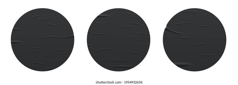 Glued round black stickers set isolated on white background. Vector realistic crumpled posters bundle. Wet greased wrinkles blank template texture. Empty advertising circles mockup for creative design