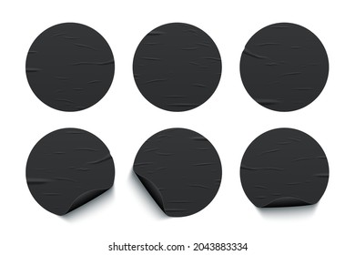 Glued round black stickers set isolated on white background. Vector realistic crumpled posters bundle. Wet greased wrinkles blank template texture. Empty advertising circles mockup for creative design