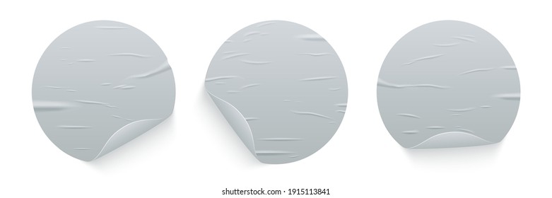 Glued round stickers with curled edges set isolated on white background. Vector realistic crumpled posters bundle. Wet greased wrinkles templates. Empty advertising circles mockup for creative design.