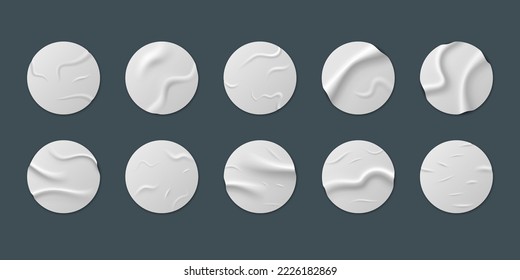 Glued round stickers set isolated. Realistic crumpled posters bundle. Wet greased wrinkles blank template texture. Empty advertising circles mockup for creative design. Vector illustration