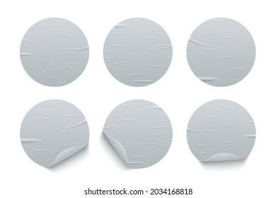 Glued round whit stickers set isolated on white background. Vector realistic crumpled posters bundle. Wet greased wrinkles blank template texture. Empty advertising circles mockup for creative design