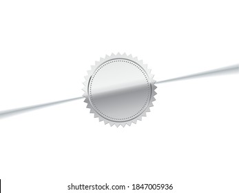 Glued silver sticker on envelope. Chrome stamp logo vector illustration. Quality certificate on vip letter. Realistic round symbol, vintage mail seal isolated on white background
