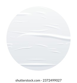 Glued white circle paper sheet. Vector isolated realistic crumpled poster bundle. Wet greased wrinkles blank template texture. Empty advertising column mockup for creative design.