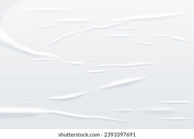 Glued white horizontal rectangle paper sheet. Vector isolated realistic crumpled poster. Wet greased wrinkles blank template texture. Empty advertising column mockup for creative design.