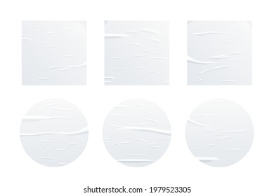 Glued white square and circle paper sheets set. Vector isolated realistic crumpled posters bundle. Wet greased wrinkles blank template texture. Empty advertising column mockup for creative design.