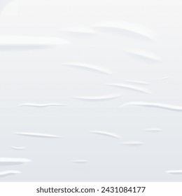 Glued white square paper sheet. Vector isolated realistic crumpled poster. Wet greased wrinkles blank template texture. Empty advertising column mockup for creative design.