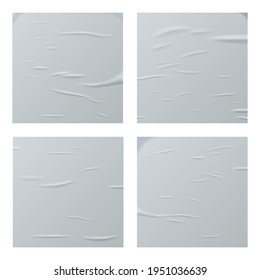 Glued white square paper sheets set. Vector isolated realistic crumpled posters bundle. Wet greased wrinkles blank template texture. Empty advertising column mockup for creative design.