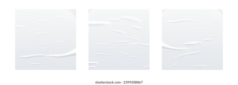 Glued white square paper sheets set. Vector isolated realistic crumpled posters bundle. Wet greased wrinkles blank template texture. Empty advertising column mockup for creative design.