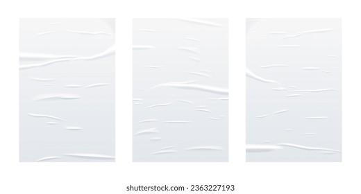 Glued white vertical rectangle paper sheets set. Vector isolated realistic crumpled posters bundle. Wet greased wrinkles blank template texture. Empty advertising column mockup for creative design. - Shutterstock ID 2363227193