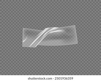 Glued wrinkles rectangular transparent plastic sticker 3D icon. Vector realistic white adhesive transparent label, PVC tag creased overlay glossy surface. Bended scotch tape piece