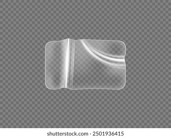 Glued wrinkles rectangular transparent plastic sticker icon. Vector realistic overlay adhesive transparent sticker label with curled and wrinkled effect. PVC tag or scotch tape with rounded corners