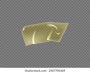 Glued wrinkles rectangular transparent plastic sticker 3D icon. Vector realistic yellow adhesive transparent label, PVC tag creased overlay glossy surface. Bended scotch tape piece