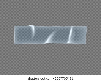 Glued wrinkles rectangular transparent plastic sticker icon. Vector realistic adhesive transparent sticker label with wrinkled effect, blue overlay glossy surface. PVC tag or scotch tape