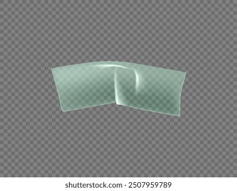 Glued wrinkles rectangular transparent plastic sticker icon. Vector realistic adhesive transparent label creased overlay glossy surface. Green PVC tag or bended scotch tape piece