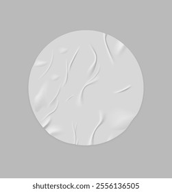 Glued wrinkles round shape white paper sticker vector icon. Realistic label tape circle shape crumpled texture. Empty adhesive creased paper isolated. Glued uneven tag or note mock up design